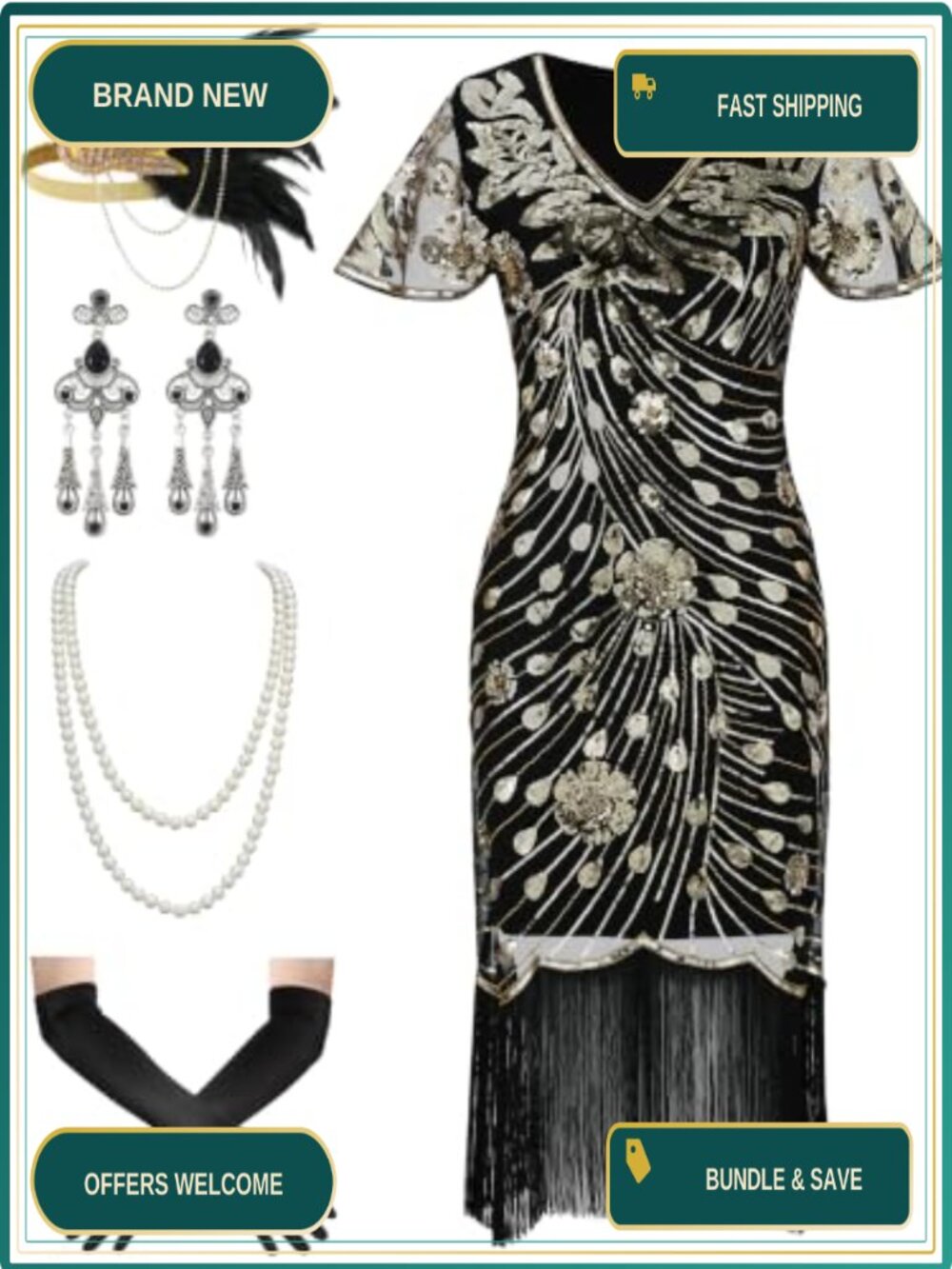 1920s Flapper Dress Costume Set Fringe Sequin Polyester Retro Vintage